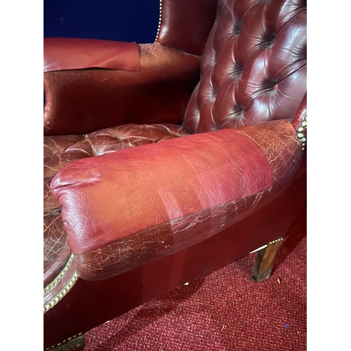 196 - Vintage Burgundy Wingback Leather Armchair with Deep Button Upholstery (damage to arms) (87 cm W x 1... 