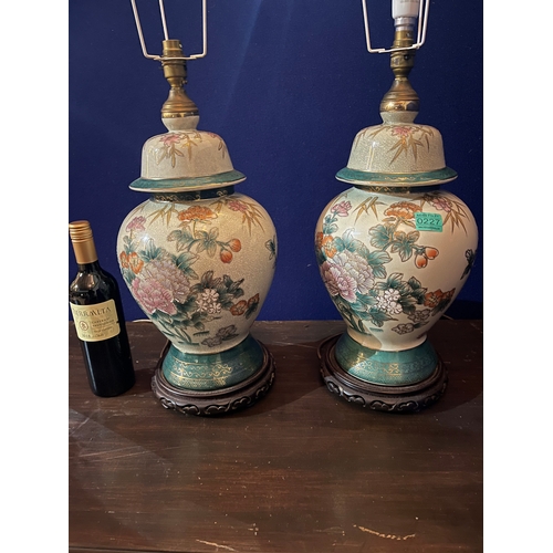 227 - Pair of Crackle Glazed Bulbous Shaped Occasional Lamps on Hardwood Bases (24 cm W x 51 cm H)