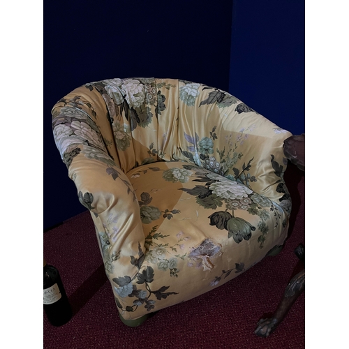 235 - Pair of Edwardian Low Tub Chairs with Floral Upholstery on Bun Feet and a Chippendale Style Wine Tab... 