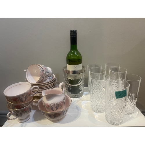 254 - Tuscan Fine Bone China Tea Set (5 Cups), Set of Seven Galway Crystal Hi Ball Glasses and a Crystal I... 