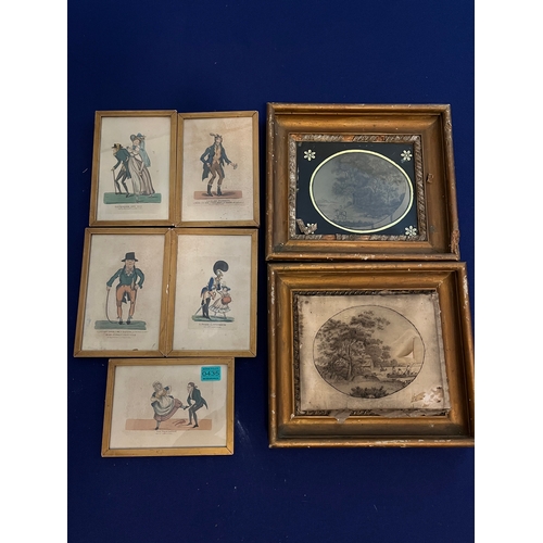 435 - Pair of 19th Century Hair Pictures and a Set of Five Irish Humorous Prints (Set 17 cm W x 24 cm D)