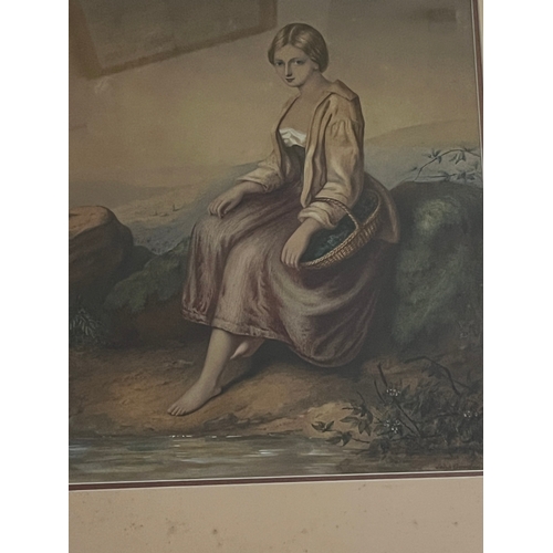 438 - John Gordon 1856 Watercolour of a Girl Seated on a Wall, Signed Watercolour of a Castle in Foregroun... 