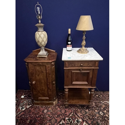 623 - French Marble Top Bed Side Locker, Victorian Burr Walnut Locker (as found), Decorative Lamp and an E... 