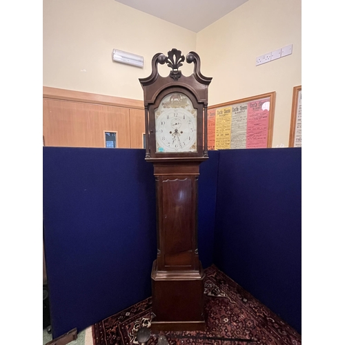 626 - Regency Mahogany Grand Father Clock, Painted Face, Weights and Pendulum (as found) (225 cm H)