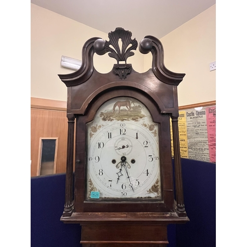 626 - Regency Mahogany Grand Father Clock, Painted Face, Weights and Pendulum (as found) (225 cm H)