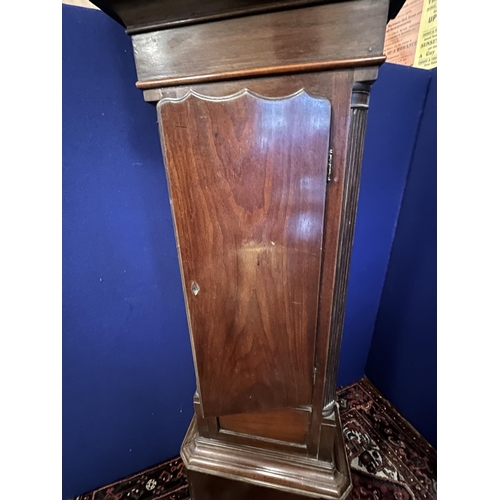 626 - Regency Mahogany Grand Father Clock, Painted Face, Weights and Pendulum (as found) (225 cm H)