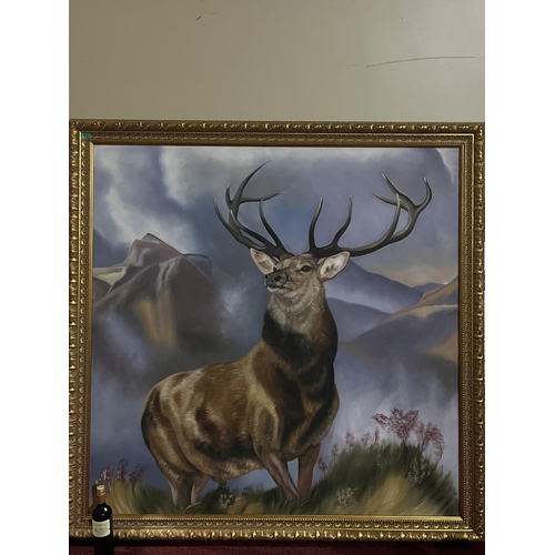 627 - Large Oil on Canvas of a Stag in a Mountainous Back Ground (175 cm W x 175 cm H)