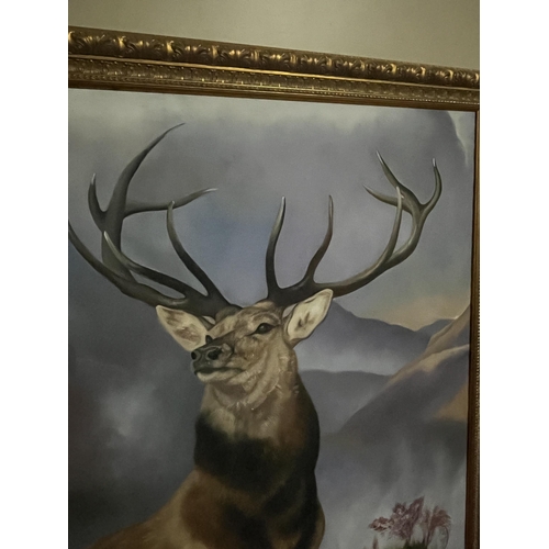 627 - Large Oil on Canvas of a Stag in a Mountainous Back Ground (175 cm W x 175 cm H)