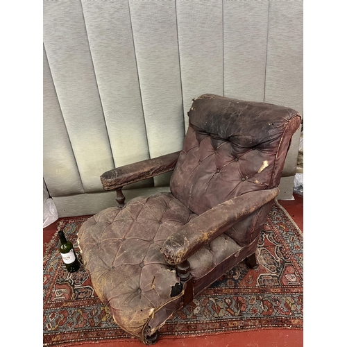 760 - Fine Victorian Mahogany Library Chair with deep button leather upholstery (as found) 76cm W x 89cm H... 