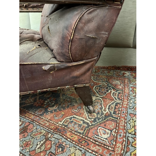 760 - Fine Victorian Mahogany Library Chair with deep button leather upholstery (as found) 76cm W x 89cm H... 