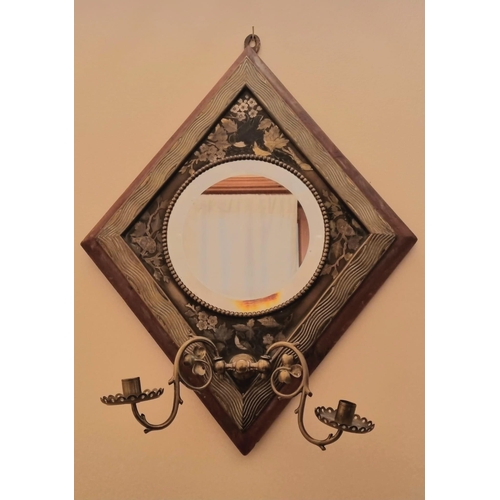 771 - Antique Girandole Brass 19th Century Wall Mirror, Beaded Rim Bbevelled Plate, Nillo Bass Bird and Fo... 