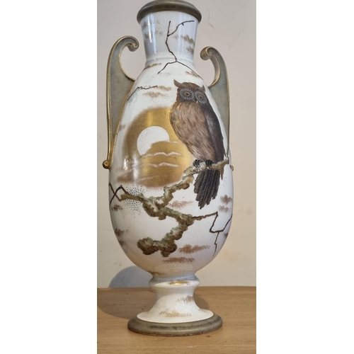 774 - Franz Anton Mehlem Porcelain Oval Vase, Twin handled, Hand-painted and gilded.  circa 1890 (34cm H)