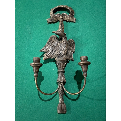 40 - Pair of Carved Wood Ecclesiastical Candle Sticks and Carved Oak Wall Sconce in the Form of an Eagle ... 