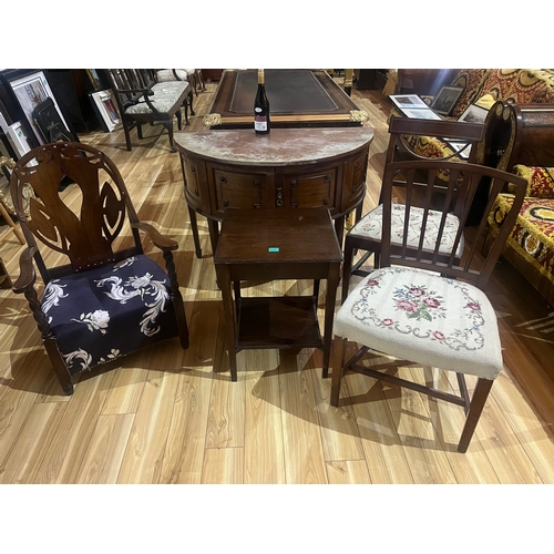 781 - An Edwardian Mahogany Half Moon Cabinet,
Vintage Armchair, Two Georgian Design Chairs and an Mahogan... 