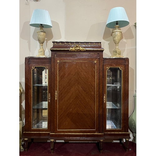 784 - Antique French Kingwood Display Cabinet, the stepped top with marble tops, the centre door flanked b... 