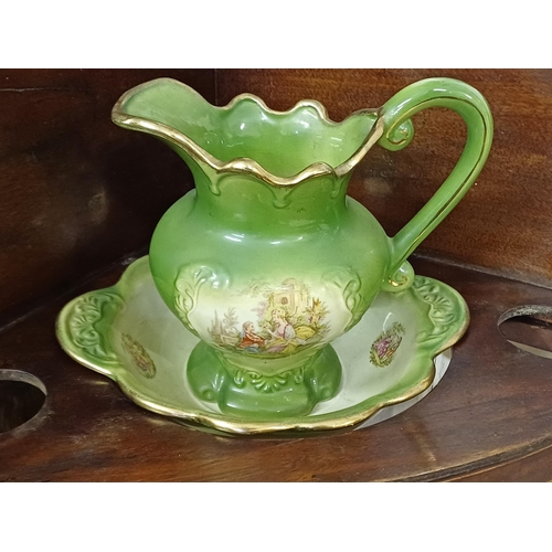 40 - Georgian Mahogany Corner Washstand with Inlaid Panel together with a Jug and Bowl Set