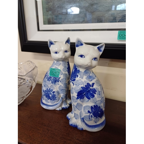 47 - Two German Pottery Cat Figures (22cm) and 2 Decorative Glass Fruit Bowls (22cm Diameter)