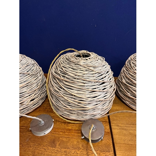 57 - Three Beehive Style Rattan Ceiling Lights with Copper Ceiling Rose (40 cm W x 30 cm H)
