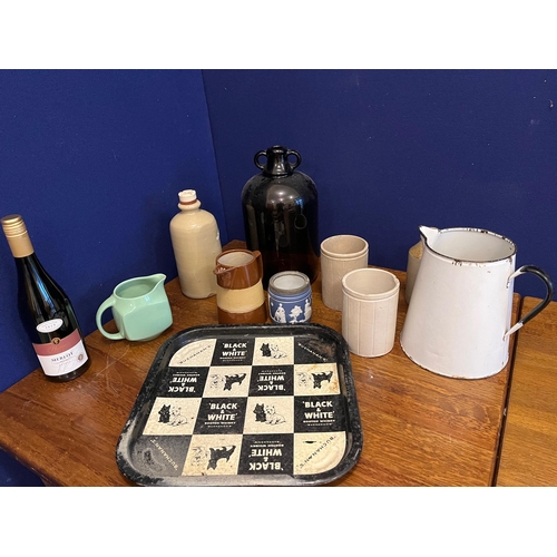 75 - Black & White Tray, Enamel Jug and a Collection of Earthenware Jars Etc.