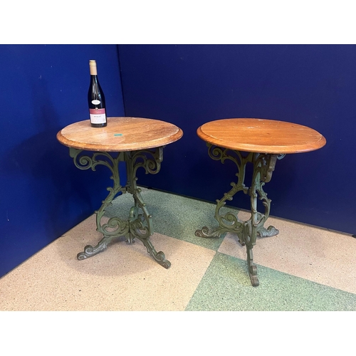 106 - Quality Pair of Cast Iron Tables, Mahogany Tops on Decorative Bases (60 cm W x 70 cm H)