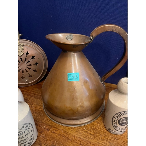 268 - Copper Haystack Measure, Chestnut Roaster, Brass Trivet and Earthenware's