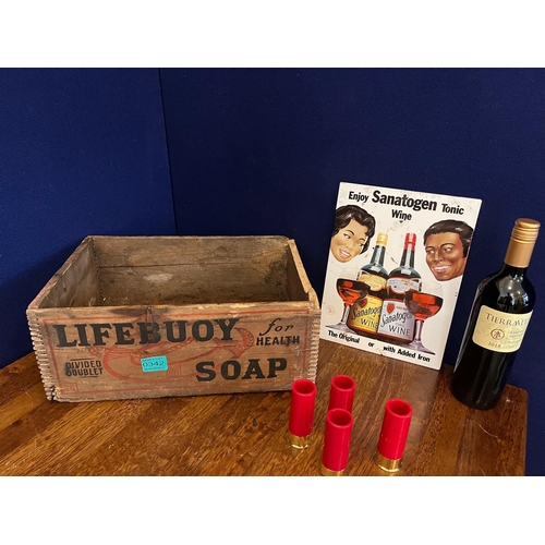 342 - Lifebuoy Soap Box, Sanatogen Wine Vintage Tin Sign, Four Cartridge Style Shot Glasses