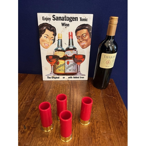 342 - Lifebuoy Soap Box, Sanatogen Wine Vintage Tin Sign, Four Cartridge Style Shot Glasses