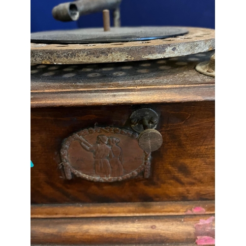 350 - Edwardian Oak Gramophone with Painted Horn (65 cm H)