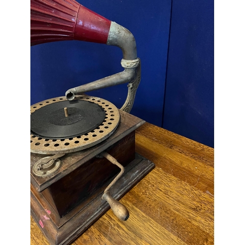 350 - Edwardian Oak Gramophone with Painted Horn (65 cm H)