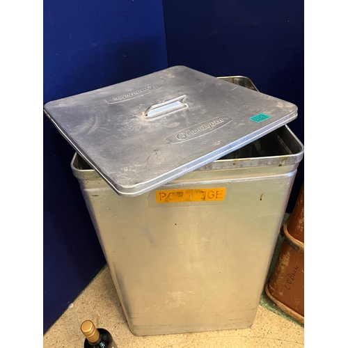 353 - Aluminium Oats Bin and Wooden Bound Trunk