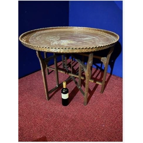 384 - Antique Benares Table with Copper Top and Folding Base