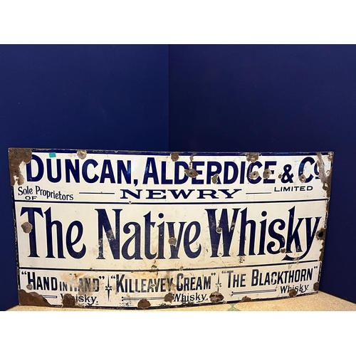 386 - Very Rare Enamel Sign, Duncan Alderdice & Co Newry: The Native Whisky, Unusual Spelling (185 cm W x ... 