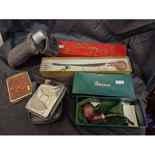 Two Peterson Tobacco Pipes, 2 Cased Hip Flasks And A Vintage Cigarette 