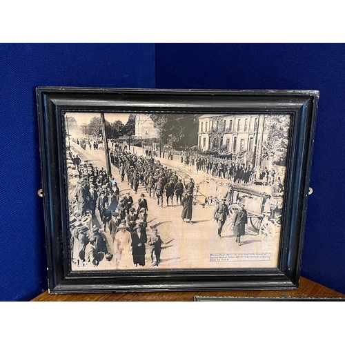 412 - Three Framed Prints, Daniel Breen Capture Reward, Michael Collins Funeral and Two Chaps (Largest 33 ... 