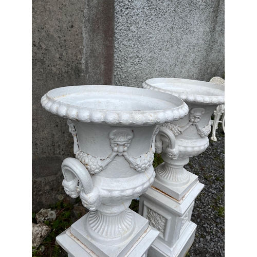 420 - Pair of Regency Style Cast Iron Urns on Stands (43 cm W x 102 cm H)