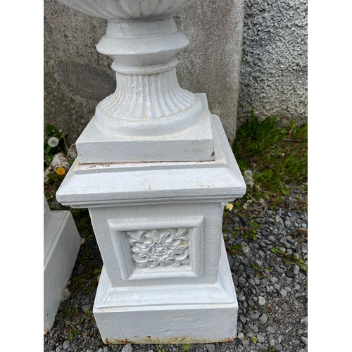 420 - Pair of Regency Style Cast Iron Urns on Stands (43 cm W x 102 cm H)