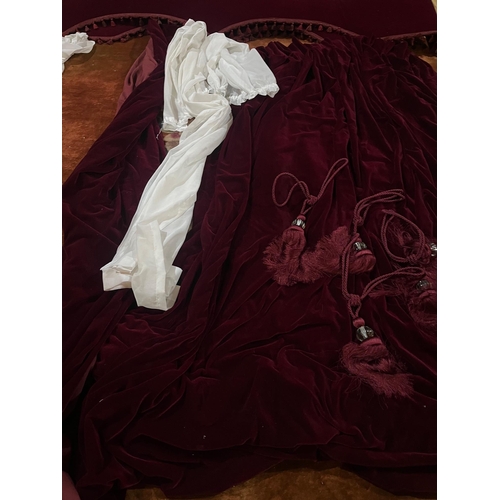 462 - Collection of Red Velvet Curtains (4), Tie Backs, Pelmets Etc. (270 cm L Approx.)