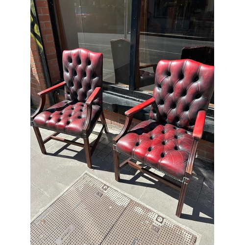 474 - Pair of Chairs, Georgian Style Deep Buttoned Burgundy Hide Upholstery