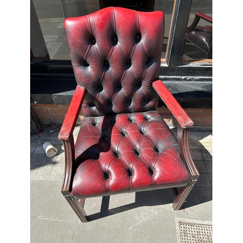 474 - Pair of Chairs, Georgian Style Deep Buttoned Burgundy Hide Upholstery