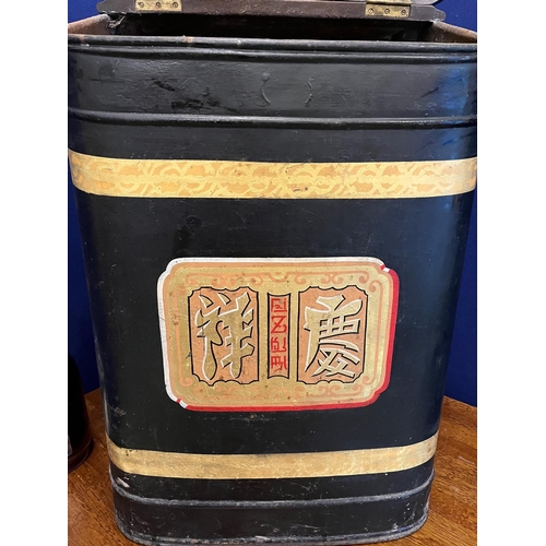 508 - Victorian Tea Bin, Mahogany Lid and Japanned Decoration (50 cm W x 72 cm H x 45 cm D)