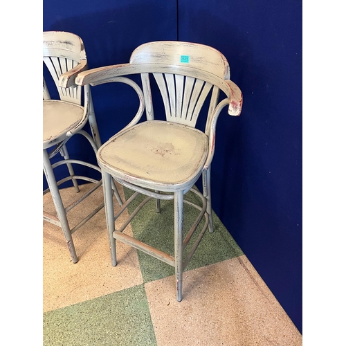 525 - Pair of Scrumbled Bentwood Chairs Stools with Arms (107 cm H)