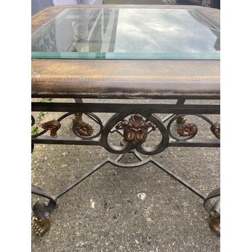 557 - Wrought Iron Centre Table with Gilded Embellishment and Tooled Leather Top