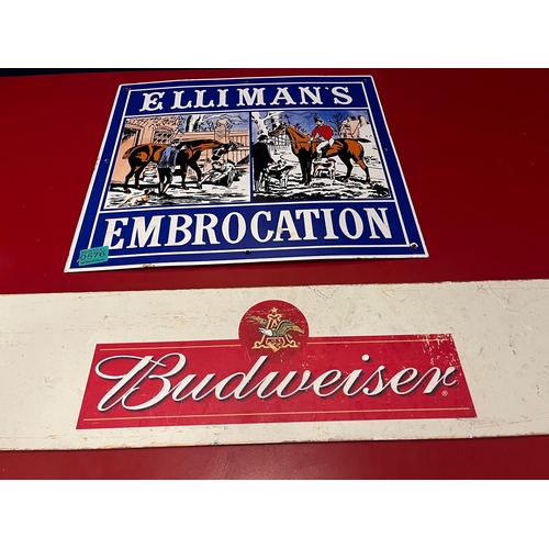 576 - Elliman's Enamel Hunting Sign and a Plastic Budweiser Sign (Enamel 45 cm W x 40 cm H)