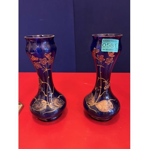 581 - Pair of Stylised Blue Glass Vases with Gilded Embellishment and a Pair of Brass Candlesticks