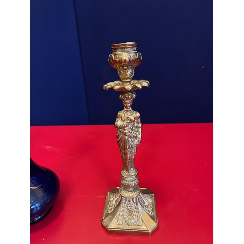 581 - Pair of Stylised Blue Glass Vases with Gilded Embellishment and a Pair of Brass Candlesticks