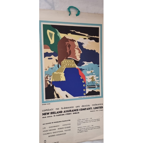 608 - Original 1950's New Ireland Assurance Co. Hanging Calendar Featuring Wolfe Tone (31 cm W x 50 cm H)