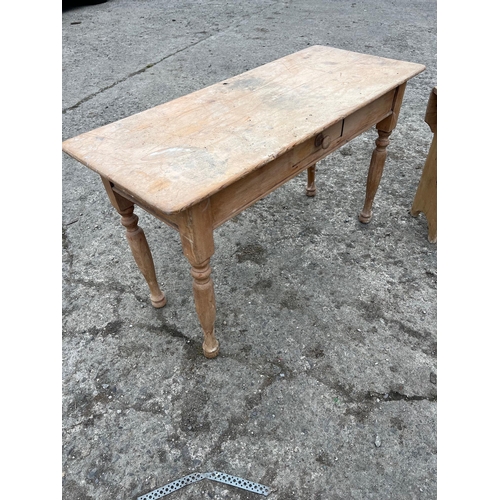 655 - Antique Stripped Pine Low Table, Pine Stool and a Tall Stool (Table 105 cm W x 60 cm H x 45 cm D)