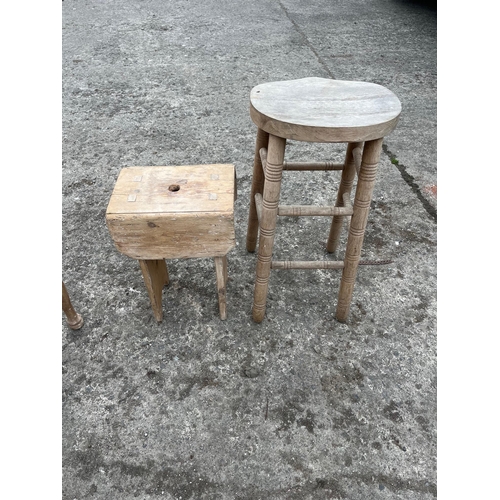 655 - Antique Stripped Pine Low Table, Pine Stool and a Tall Stool (Table 105 cm W x 60 cm H x 45 cm D)