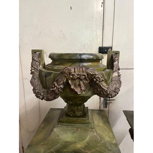 666 - Unusual Pair of Antique Marbleised Urns on Tapering Plinths with Burnished Floral Design (40 cm W x ... 