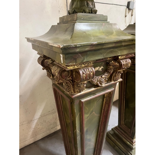 666 - Unusual Pair of Antique Marbleised Urns on Tapering Plinths with Burnished Floral Design (40 cm W x ... 